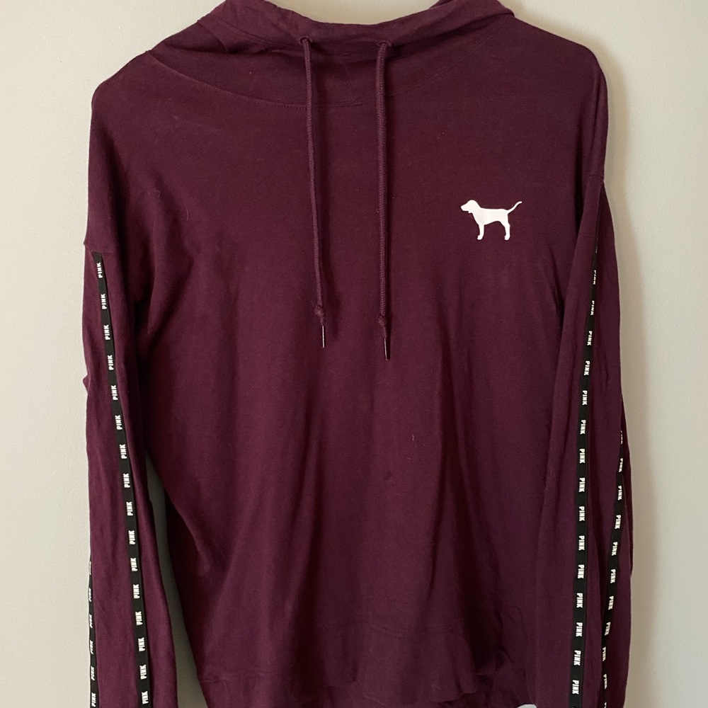 PINK maroon hooded long sleeve, decal sleeves- S